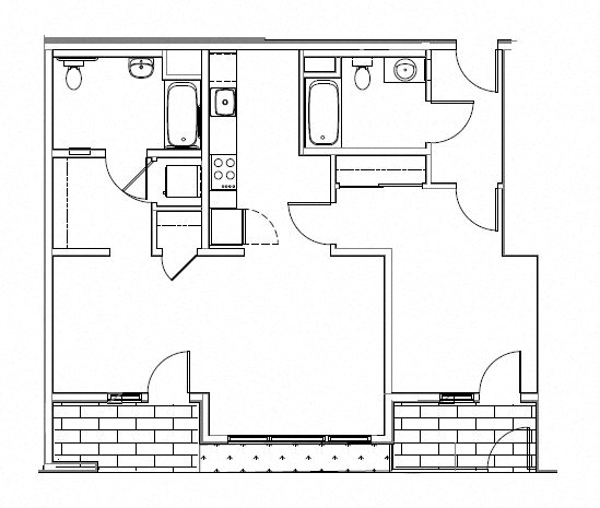 Floor plan for 1 bed, 2 baths, 853 sqft